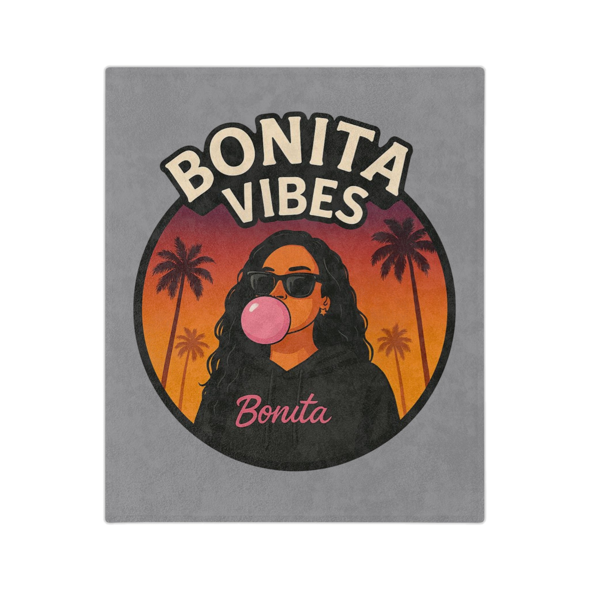 Bonita Vibes: Sunset Sway Grey Blanket, Cozy Velveteen Throw, Bohemian Home Decor, Gift for Her, Summer Vibes Decor, Pink Bubblegum Design