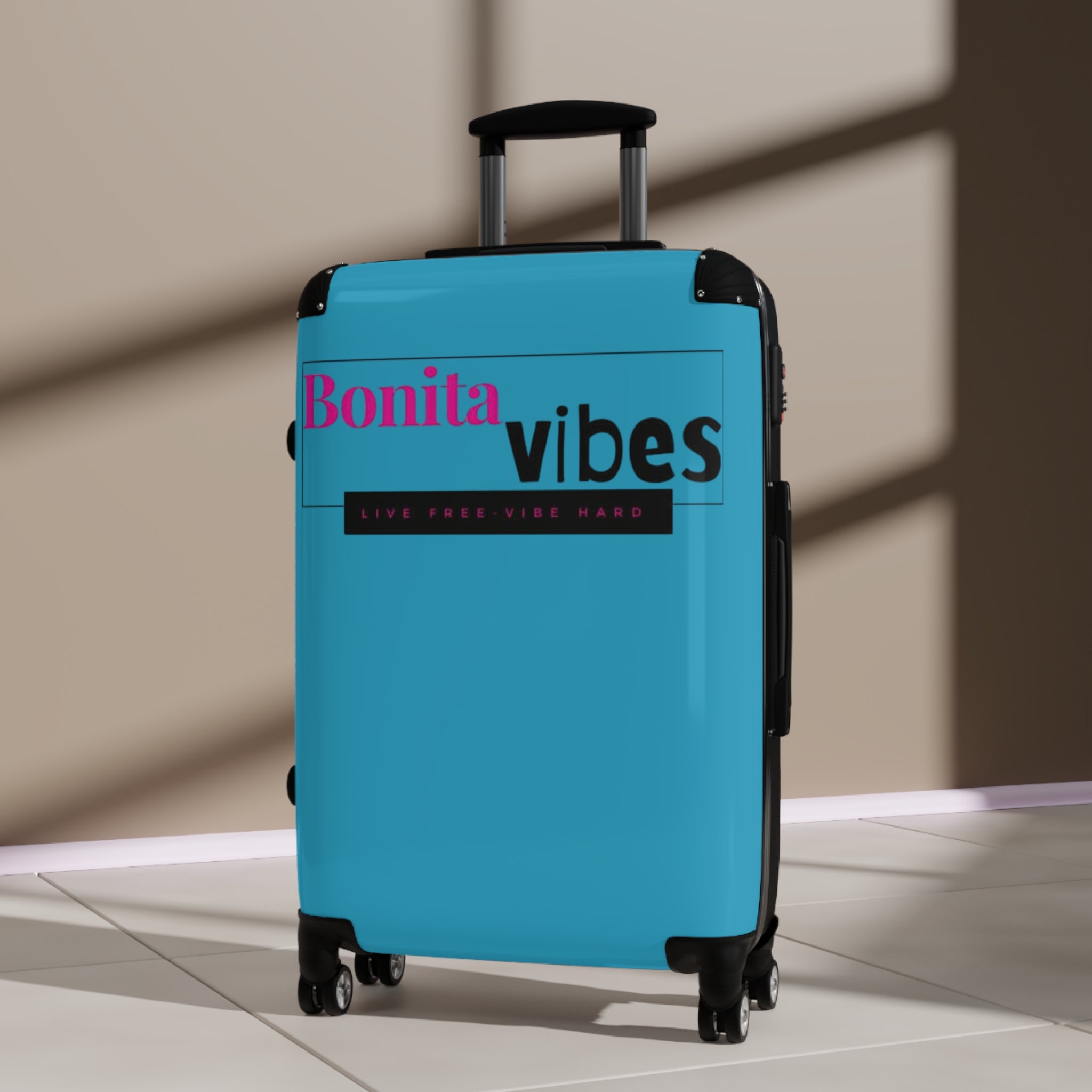 Bonita Vibes: VIBES UNLEASHED Turquoise Suitcase - Stylish Travel Carry-On, Perfect for Vacation, Weekend Getaways, Summer Adventures, Fashion Travel Bag