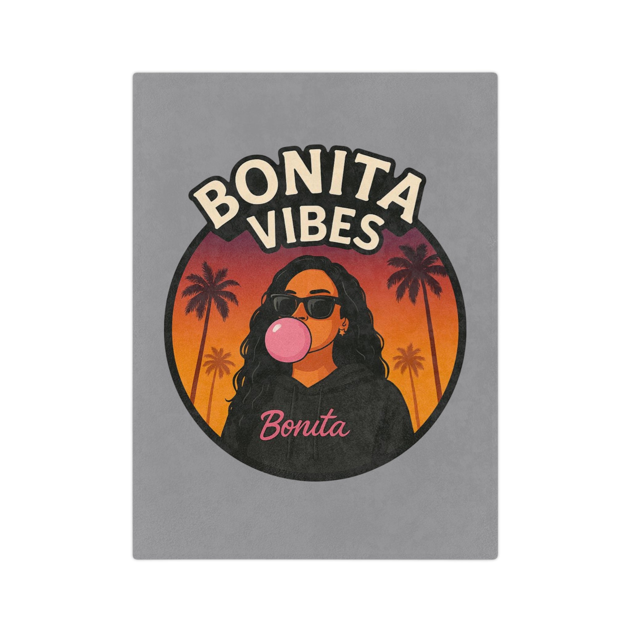 Bonita Vibes: Sunset Sway Grey Blanket, Cozy Velveteen Throw, Bohemian Home Decor, Gift for Her, Summer Vibes Decor, Pink Bubblegum Design