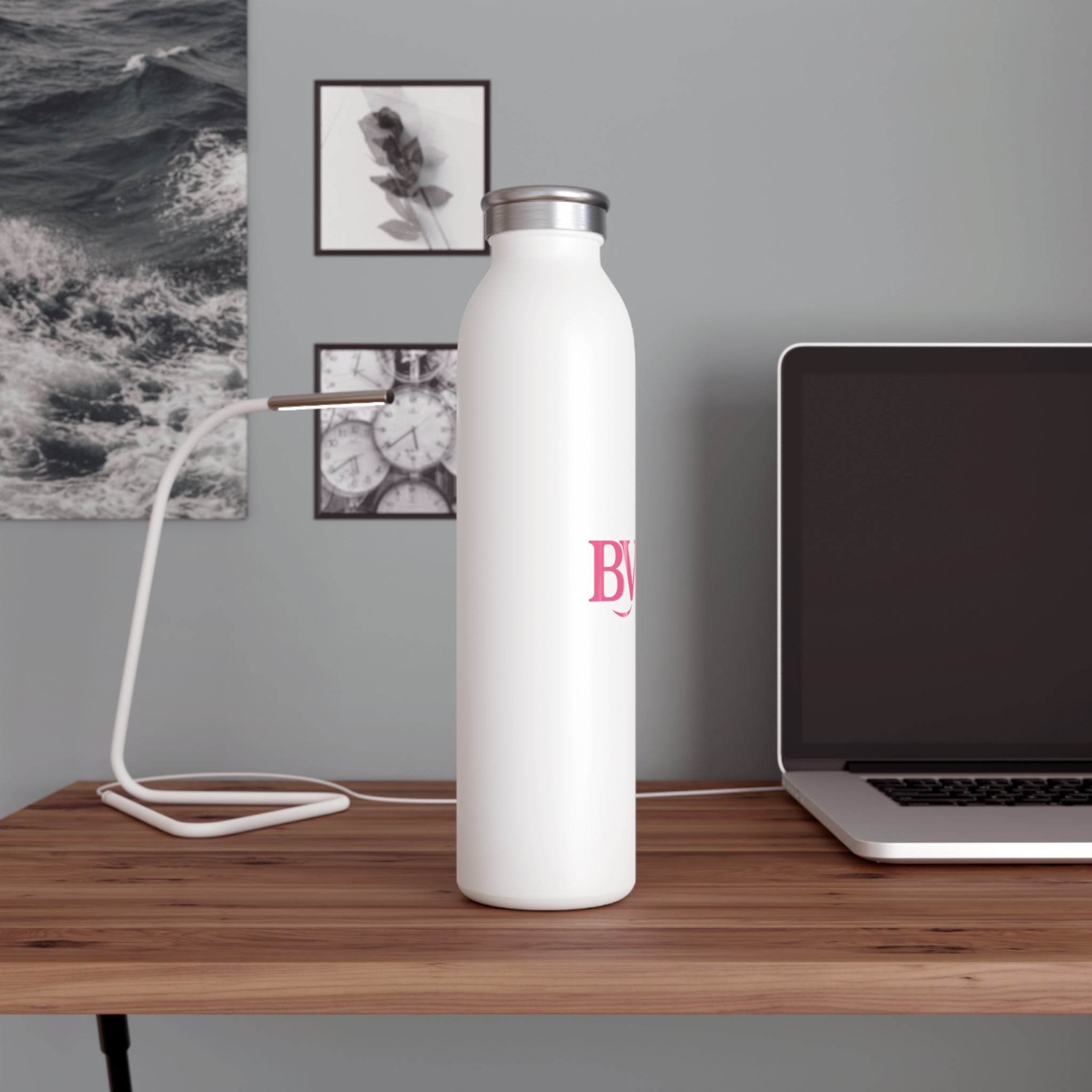 Bonita Vibes: BV Collection Elegant White Slim Water Bottle | Stylish Hydration for Yoga, Gym, Travel, Personalized Gift, Eco-Friendly