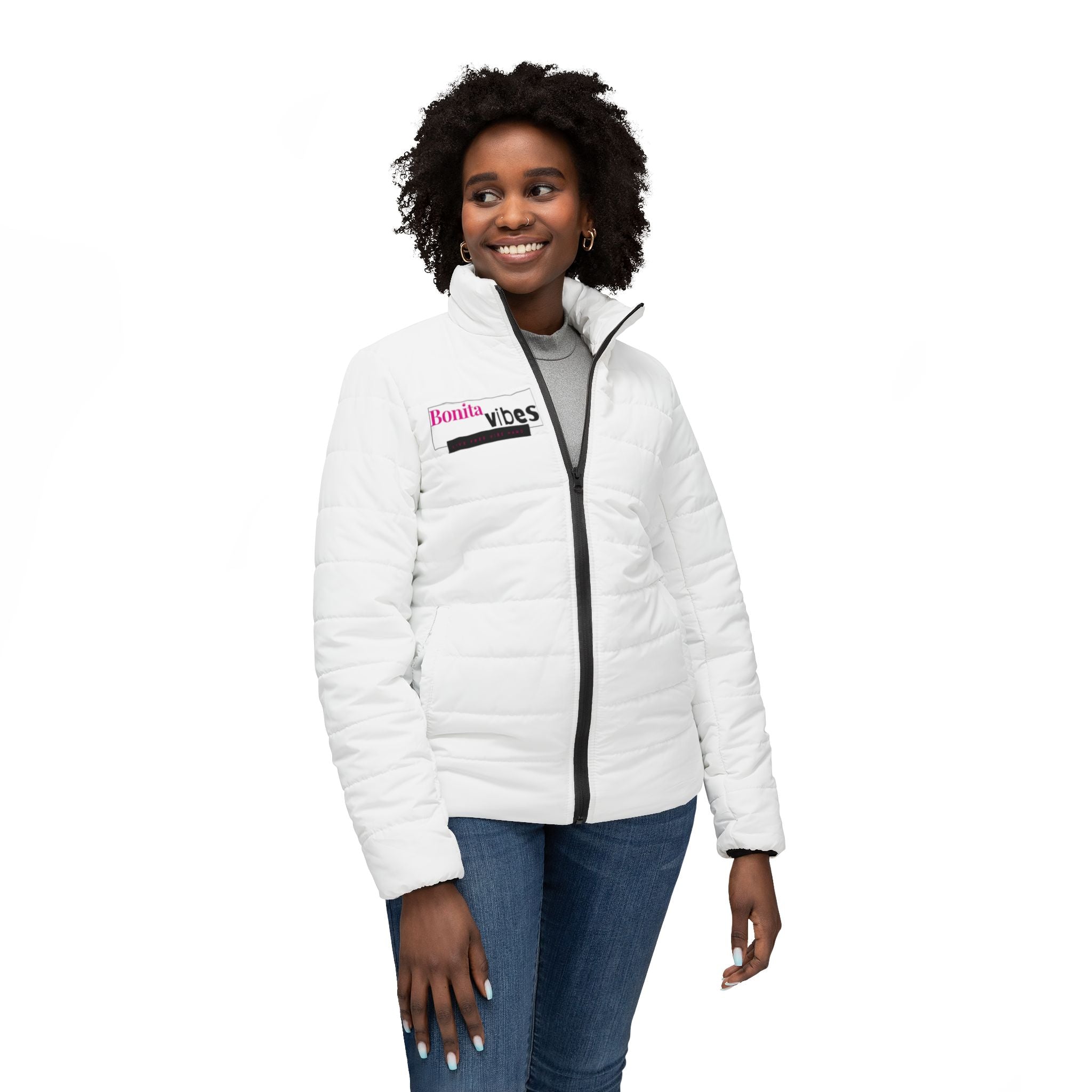 Bonita Vibes: VIBES UNLEASHED Women’s Puffer Jacket, Cozy Outerwear, Casual Fashion, Winter Essentials, Lightweight Jacket, Street Style, Gifts for Her