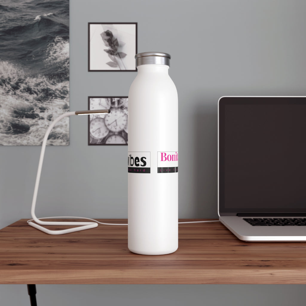 Bonita Vibes: VIBES UNLEASHED Elegant White Slim Water Bottle | Stylish Hydration for Yoga, Gym, Travel, Personalized Gift, Eco-Friendly