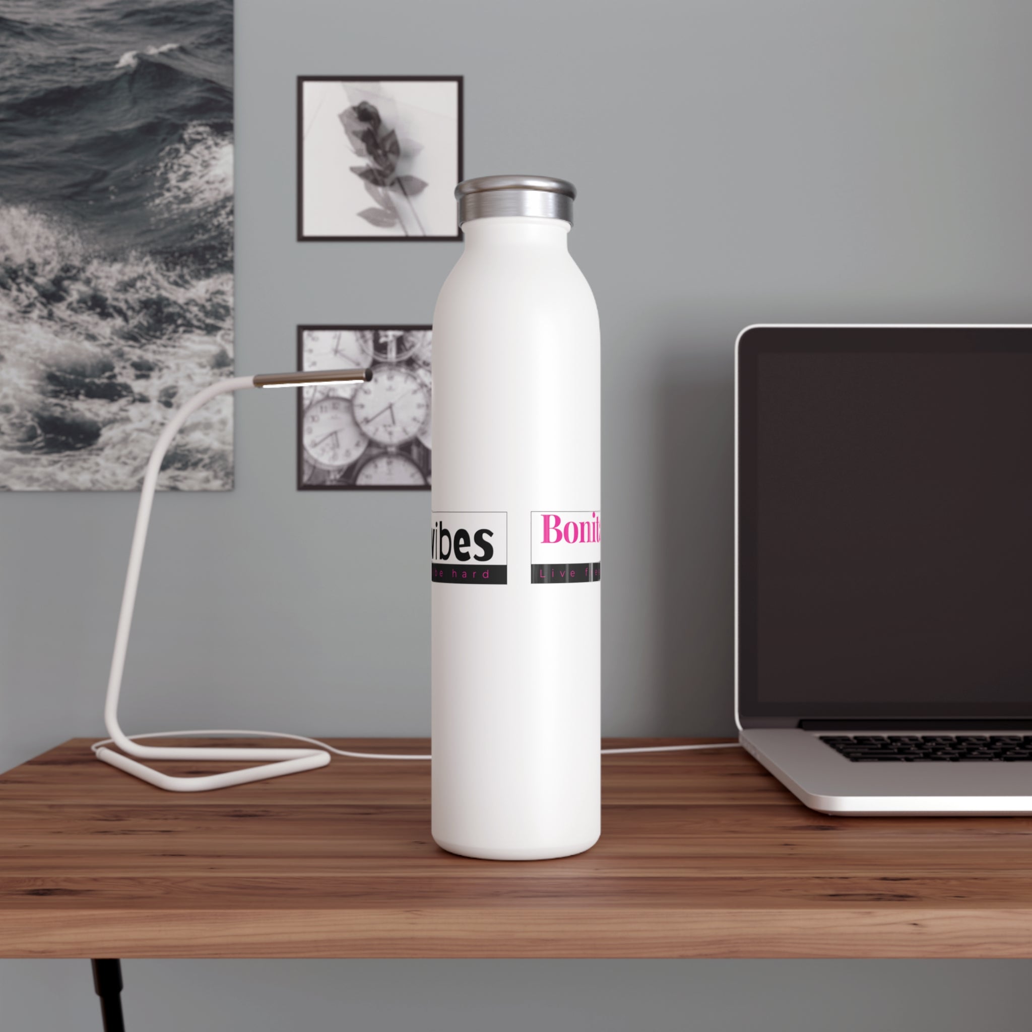 Bonita Vibes: VIBES UNLEASHED Elegant White Slim Water Bottle | Stylish Hydration for Yoga, Gym, Travel, Personalized Gift, Eco-Friendly