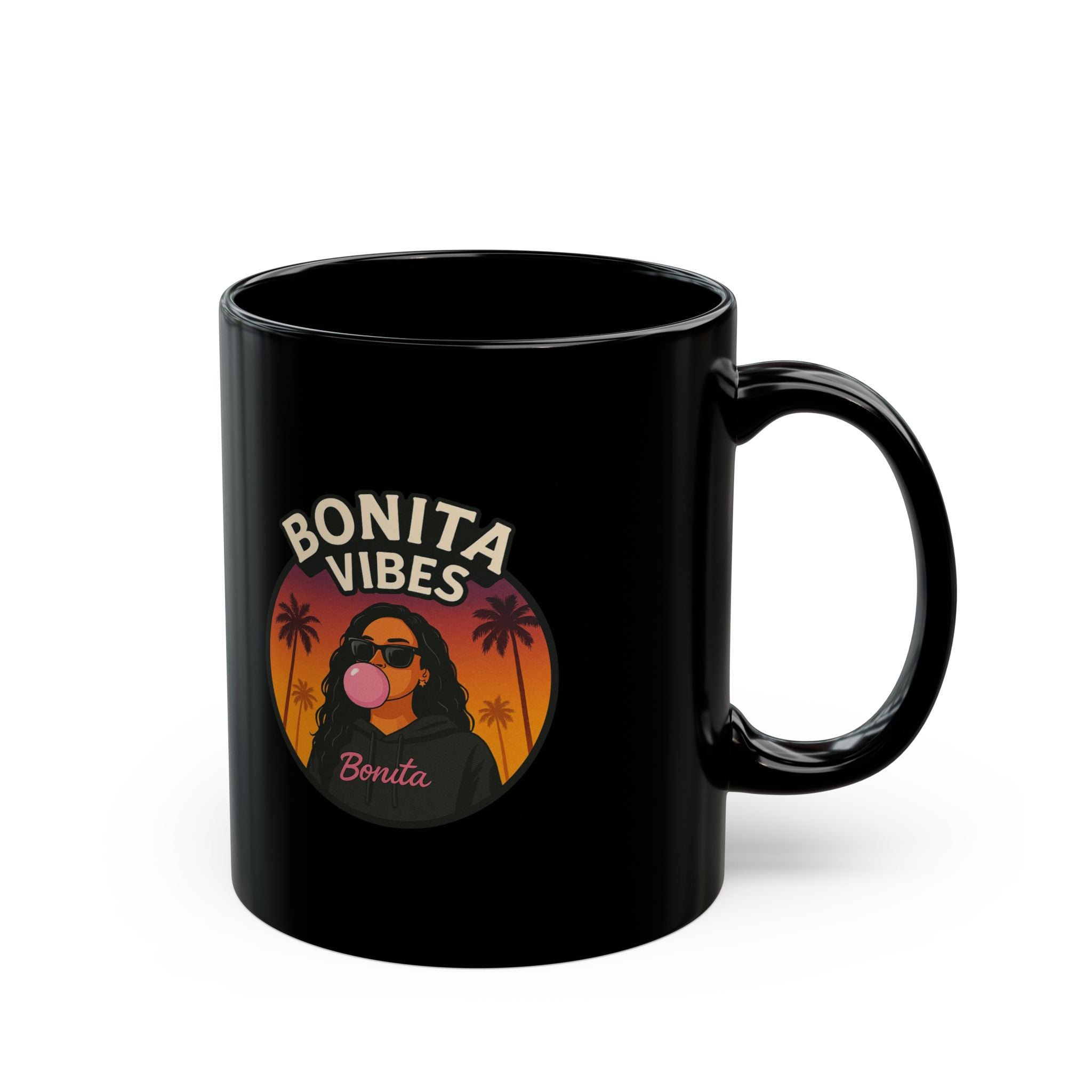 Bonita Vibes: Sunset Sway Black Mug - Chill Coffee Cup, Stylish Drinkware, Gift for Her, Summer Vibes Mug, Fun Retro Mug
