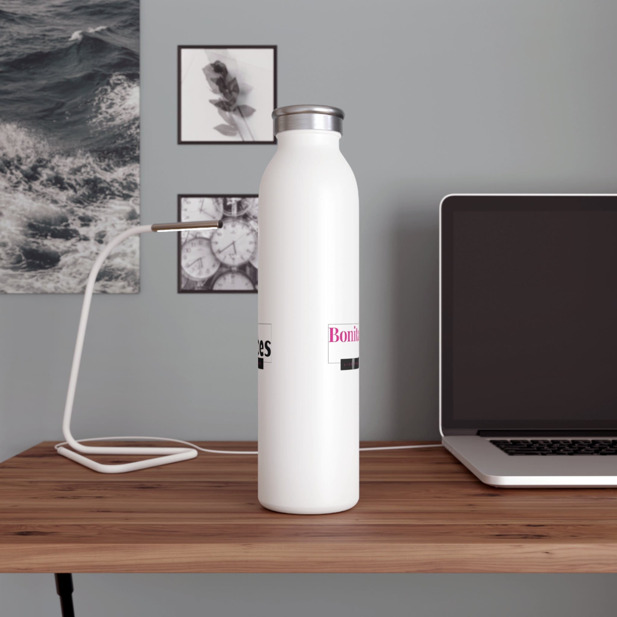 Bonita Vibes: Vibes Unleashed Elegant White Slim Water Bottle | Stylish Hydration for Yoga, Gym, Travel, Eco-Friendly
