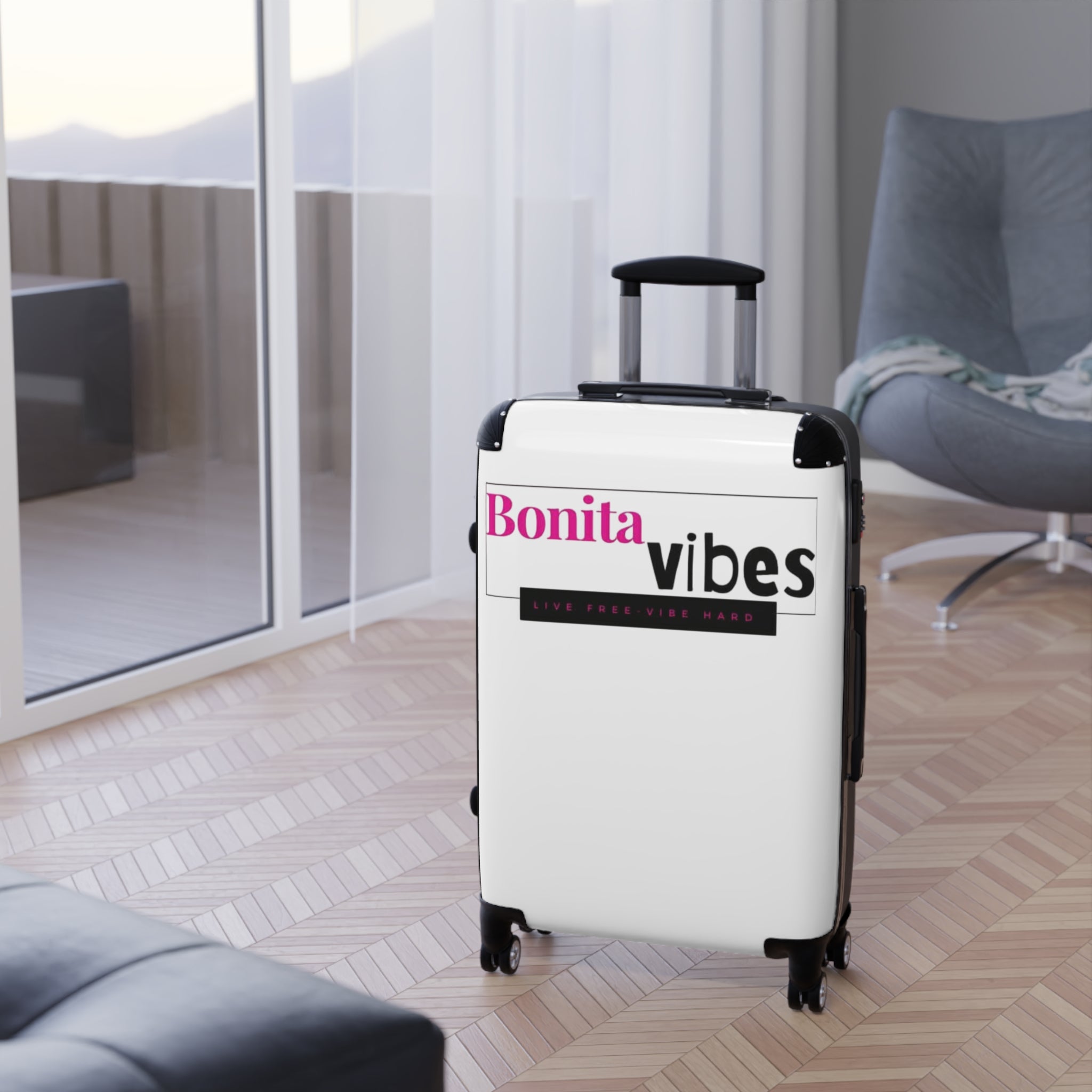 Bonita Vibes: VIBES UNLEASHED White Travel Luggage - Stylish Travel Carry-On, Perfect for Vacation, Weekend Getaways, Summer Adventures, Fashion Travel Bag
