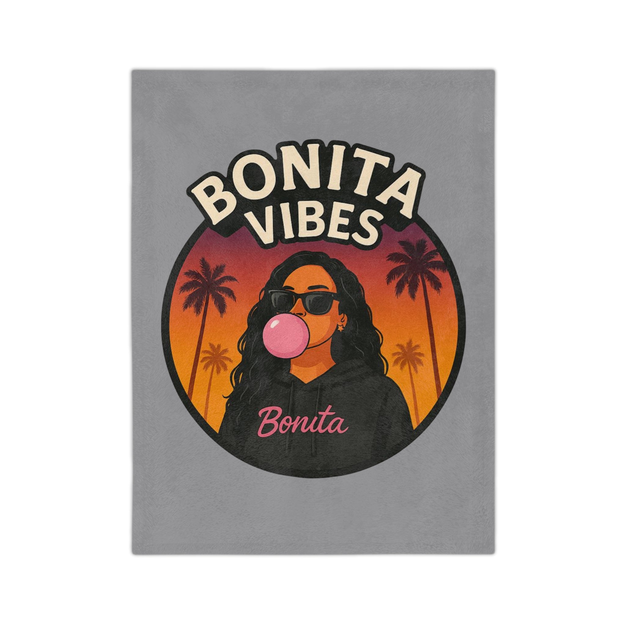 Bonita Vibes: Sunset Sway Grey Blanket, Cozy Velveteen Throw, Bohemian Home Decor, Gift for Her, Summer Vibes Decor, Pink Bubblegum Design