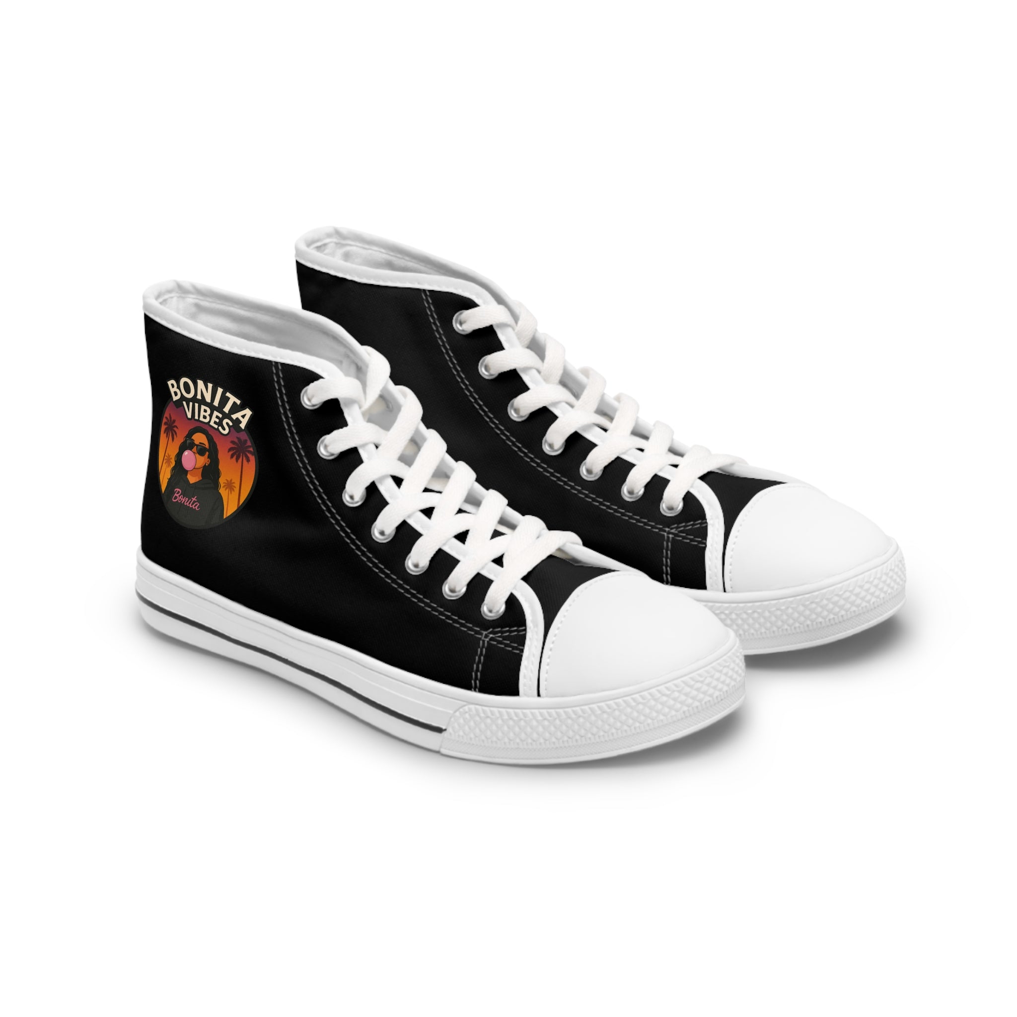Bonita Vibes: Sunset Sway Woman's Black Stylish High Top Sneakers, Casual Footwear, Trendy Street Style, Summer Vibes, Gift for Her, Comfortable Fashion Shoes