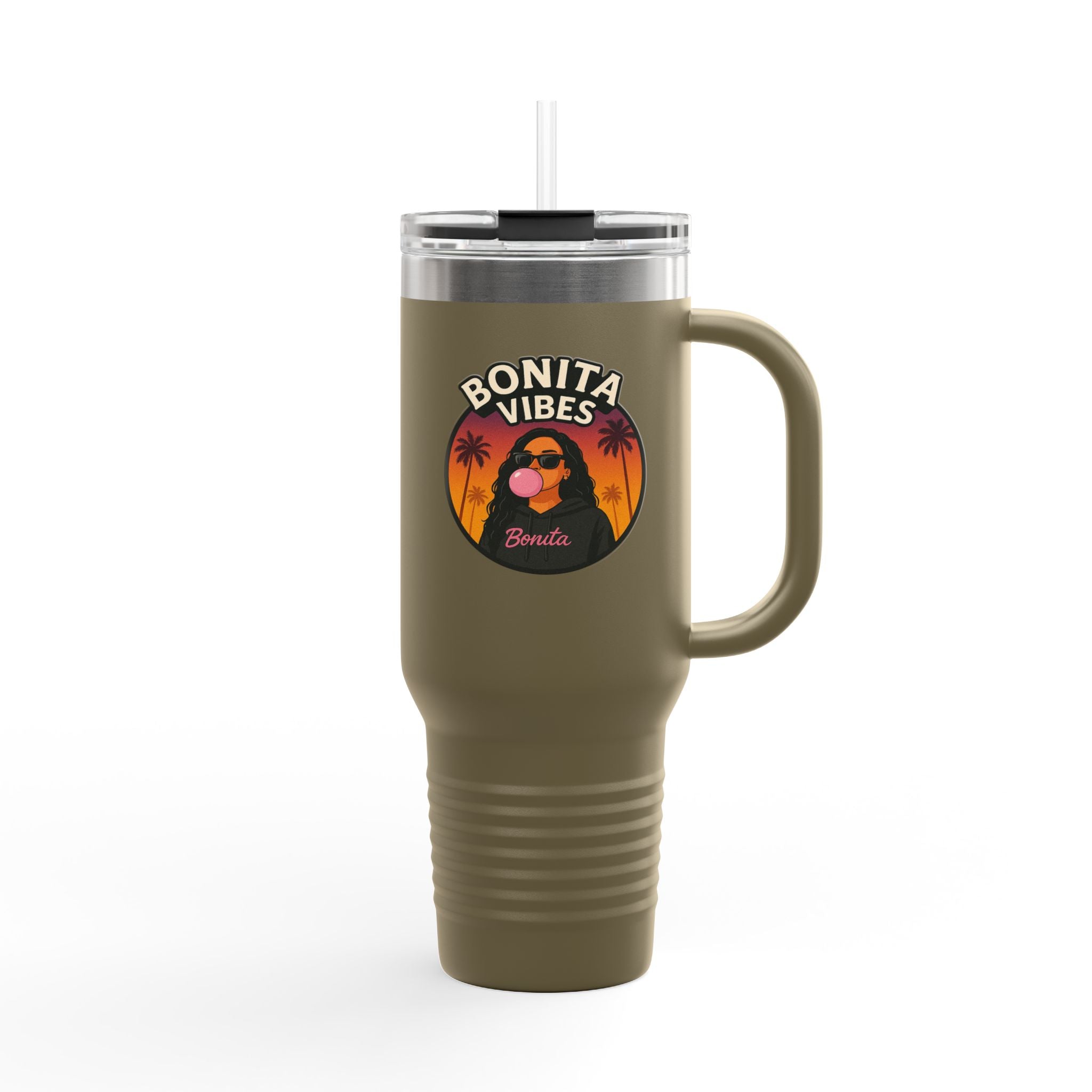 Bonita Vibes: Sunset Sway Insulated Travel Mug, 40oz | Perfect for Beach Lovers, Summer Travels, Tropical Themes, Outdoor Adventures, Gifts