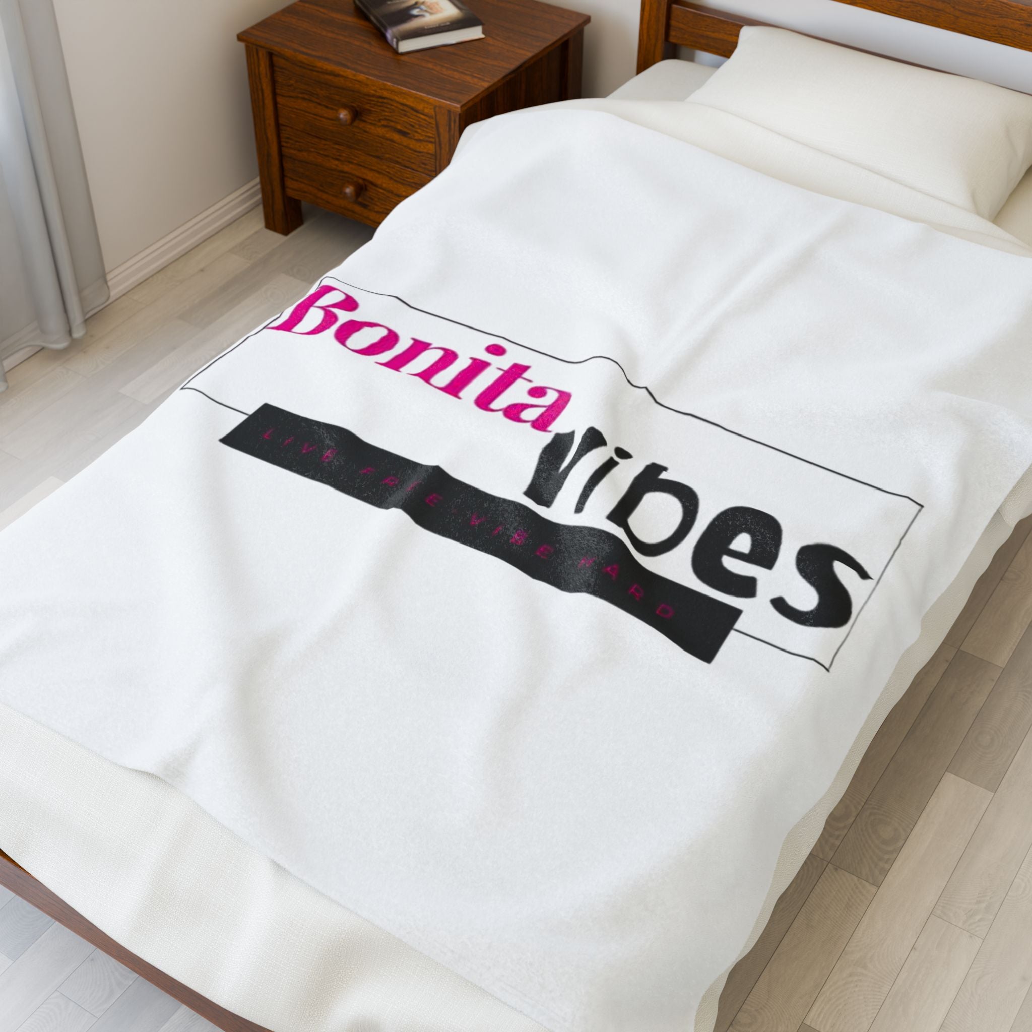 Bonita Vibes: VIBES UNLEASHED Velveteen White Plush Blanket | Cozy Home Decor, Gift for Her, Warm Throw, Inspirational Bedding, Chill Out Essentials