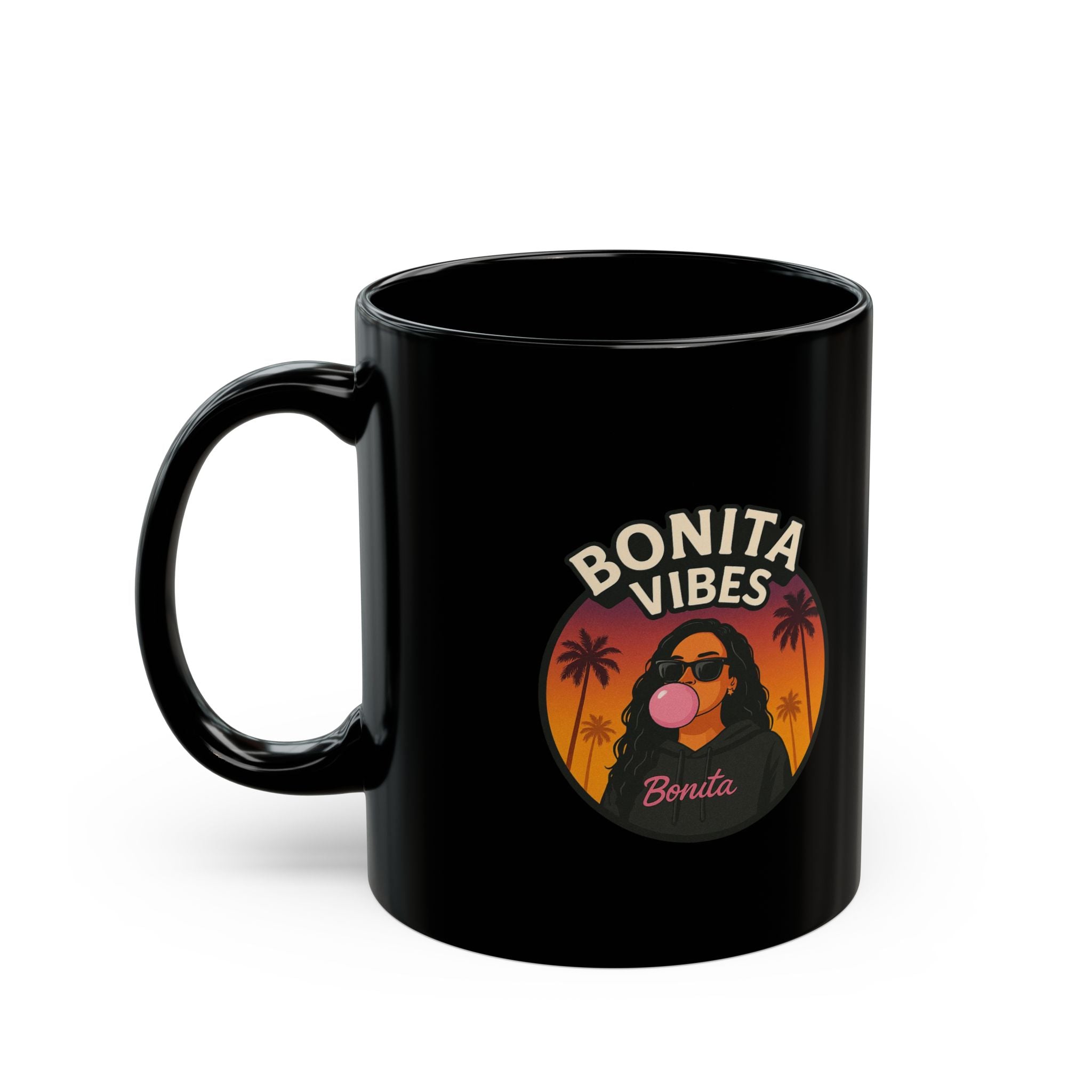 Bonita Vibes: Sunset Sway Black Mug - Chill Coffee Cup, Stylish Drinkware, Gift for Her, Summer Vibes Mug, Fun Retro Mug