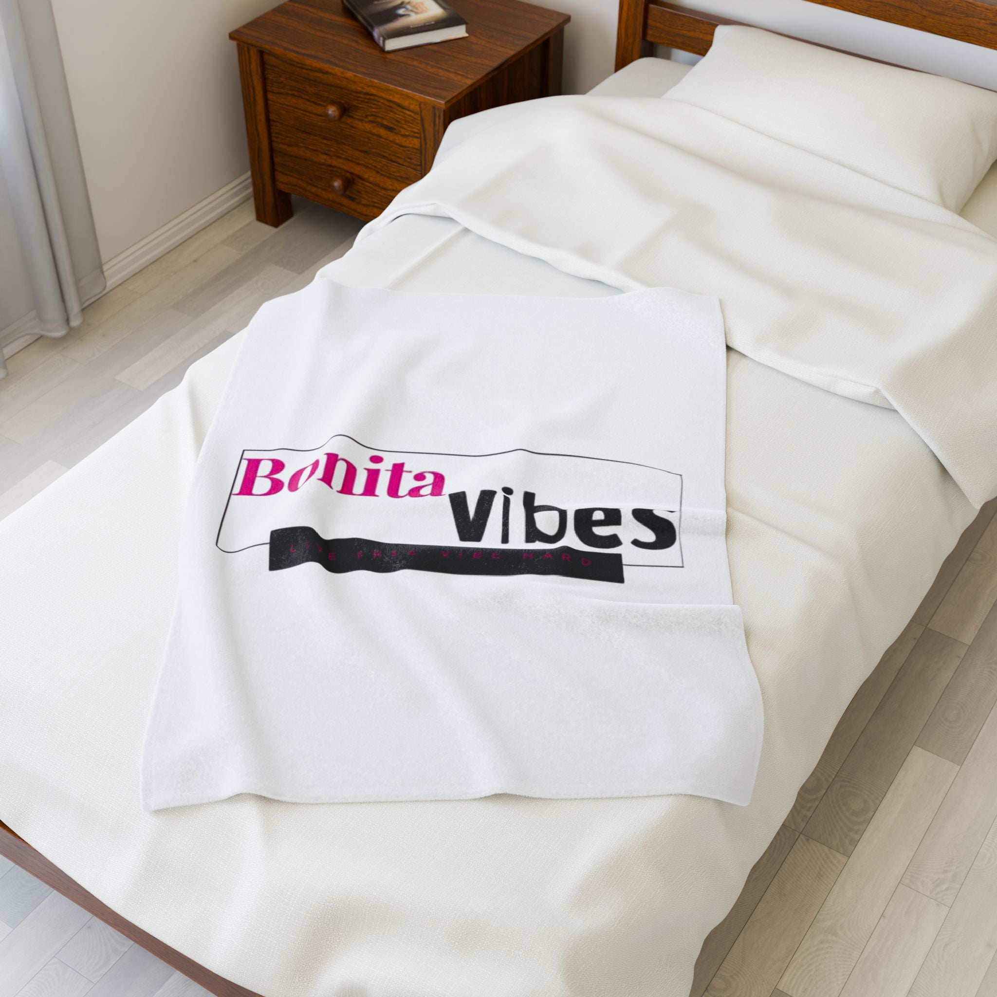 Bonita Vibes: VIBES UNLEASHED Velveteen White Plush Blanket | Cozy Home Decor, Gift for Her, Warm Throw, Inspirational Bedding, Chill Out Essentials