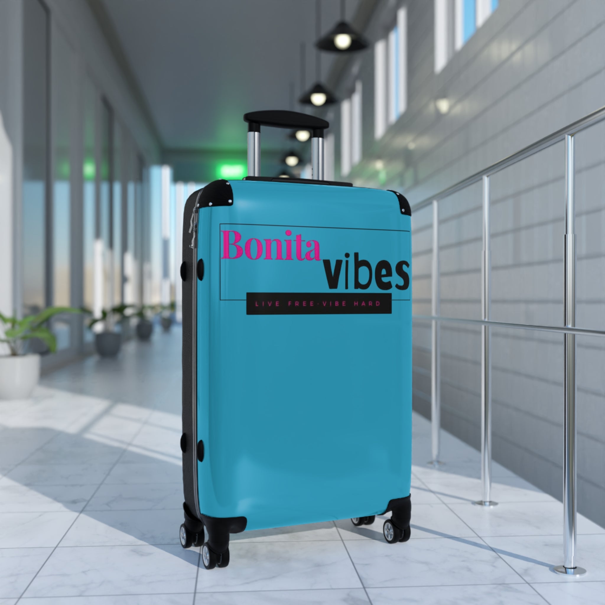 Bonita Vibes: VIBES UNLEASHED Turquoise Suitcase - Stylish Travel Carry-On, Perfect for Vacation, Weekend Getaways, Summer Adventures, Fashion Travel Bag