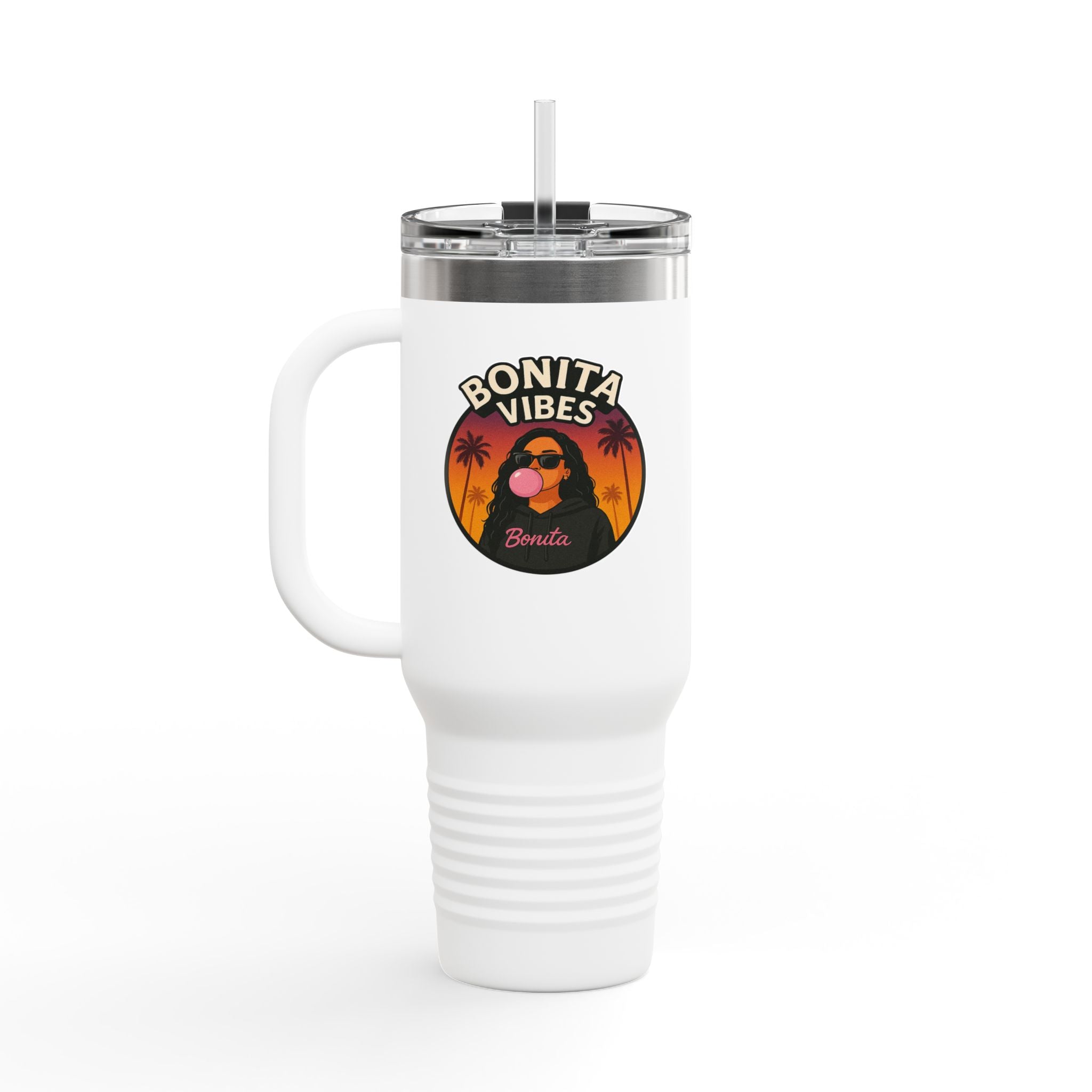 Bonita Vibes: Sunset Sway Insulated Travel Mug, 40oz | Perfect for Beach Lovers, Summer Travels, Tropical Themes, Outdoor Adventures, Gifts