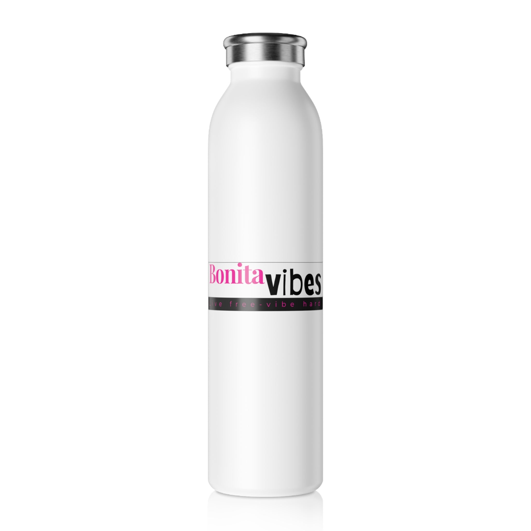 Bonita Vibes: VIBES UNLEASHED Elegant White Slim Water Bottle | Stylish Hydration for Yoga, Gym, Travel, Personalized Gift, Eco-Friendly