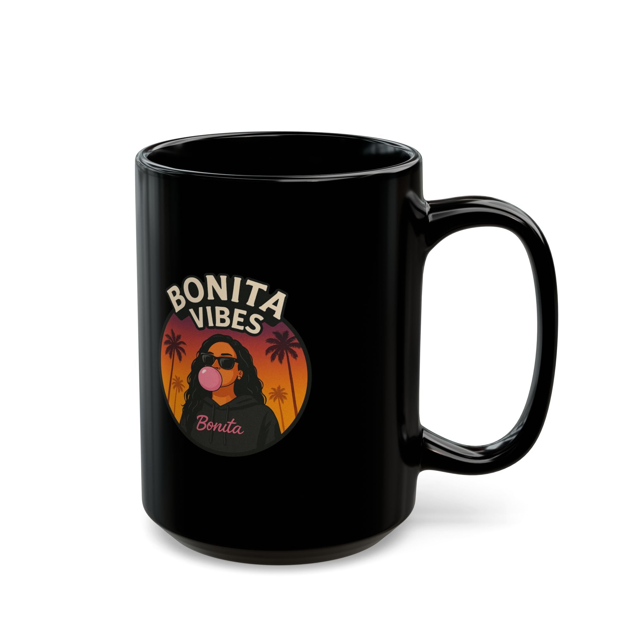 Bonita Vibes: Sunset Sway Black Mug - Chill Coffee Cup, Stylish Drinkware, Gift for Her, Summer Vibes Mug, Fun Retro Mug