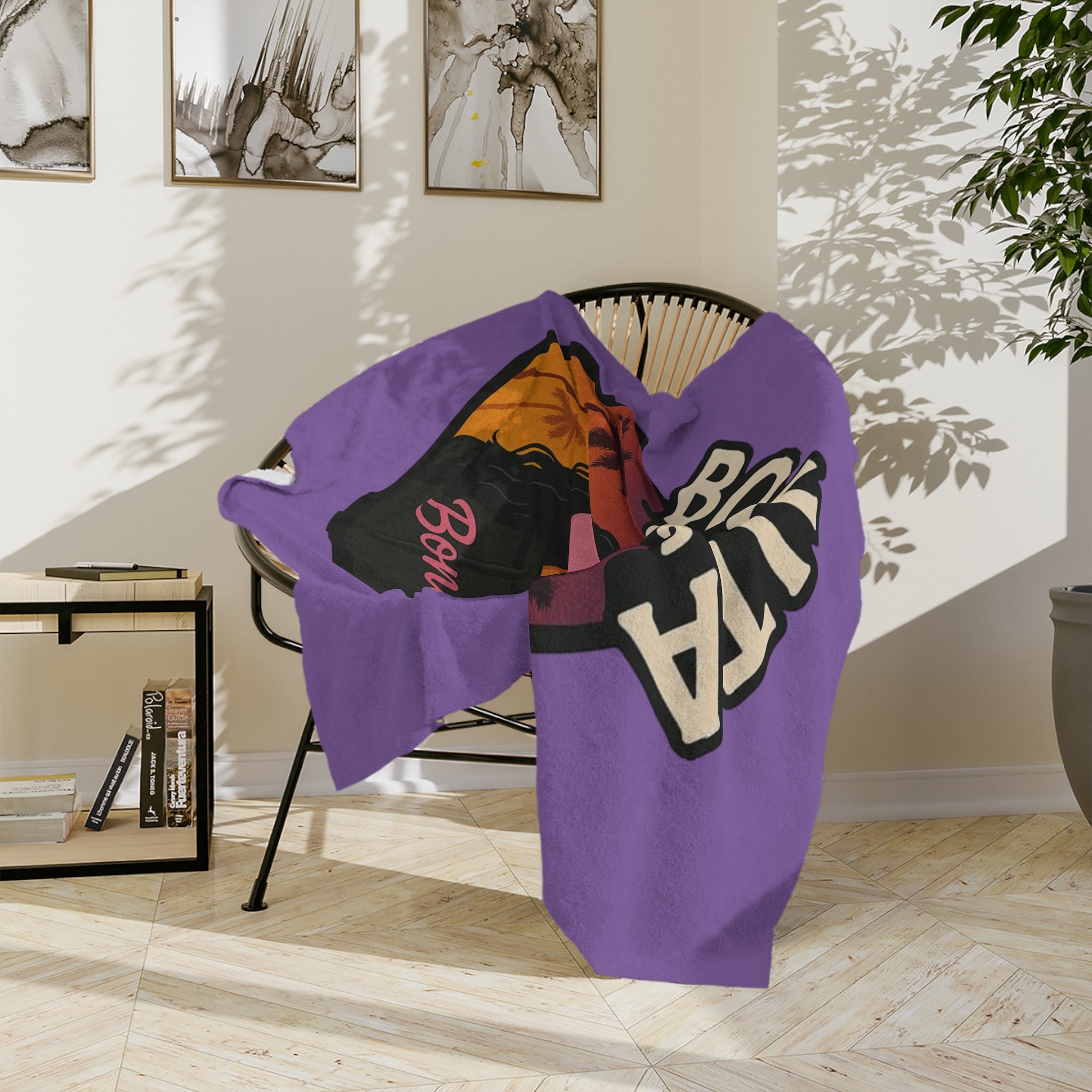 Bonita Vibes: Sunset Sway Purple Blanket, Cozy Velveteen Throw, Bohemian Home Decor, Gift for Her, Summer Vibes Decor, Pink Bubblegum Design