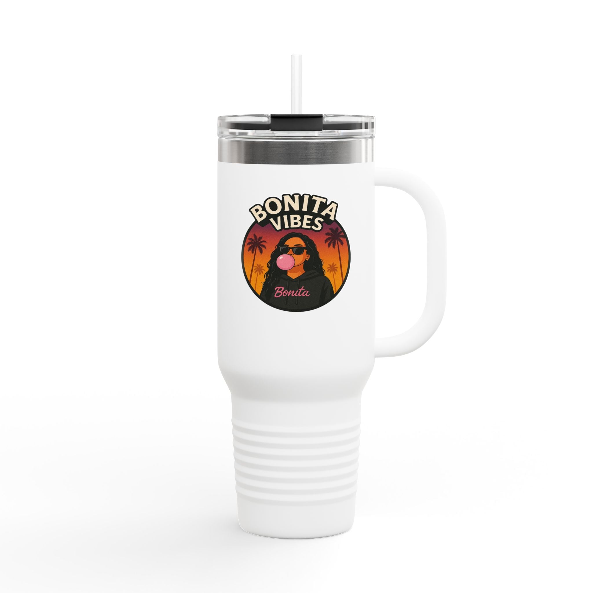 Bonita Vibes: Sunset Sway Insulated Travel Mug, 40oz | Perfect for Beach Lovers, Summer Travels, Tropical Themes, Outdoor Adventures, Gifts