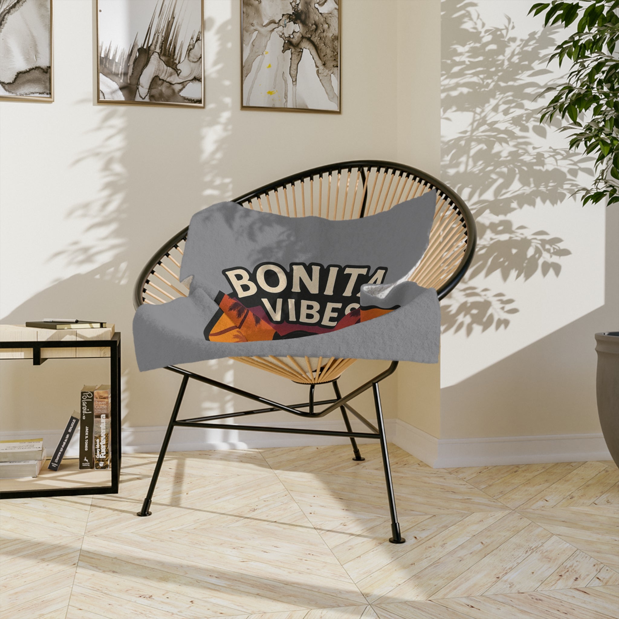 Bonita Vibes: Sunset Sway Grey Blanket, Cozy Velveteen Throw, Bohemian Home Decor, Gift for Her, Summer Vibes Decor, Pink Bubblegum Design - My Bonita Vibes
