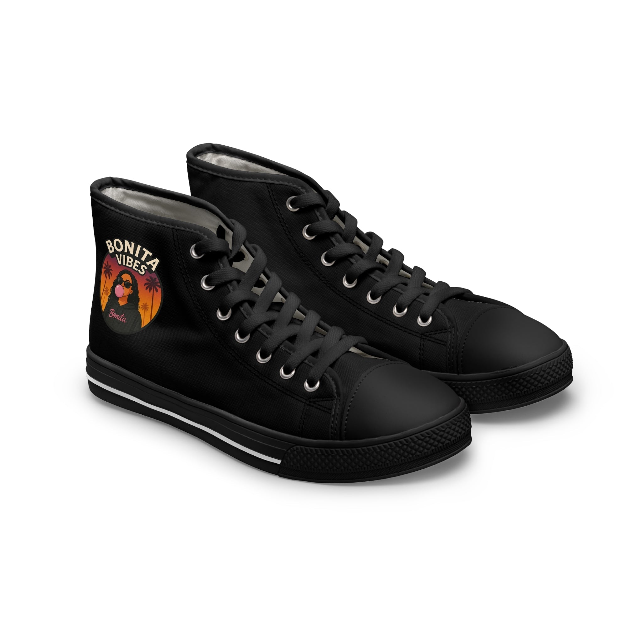 Bonita Vibes: Sunset Sway Woman's Black Stylish High Top Sneakers, Casual Footwear, Trendy Street Style, Summer Vibes, Gift for Her, Comfortable Fashion Shoes - My Bonita Vibes